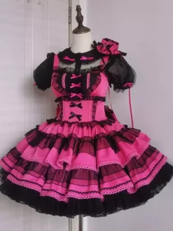 Robes gothiques Lolita à volants à pois rose vert
