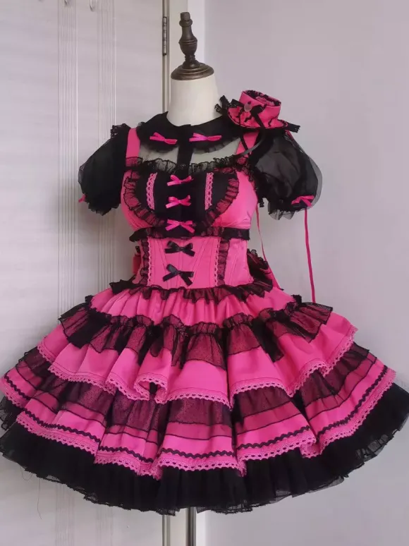 Robes gothiques Lolita à volants à pois rose vert
