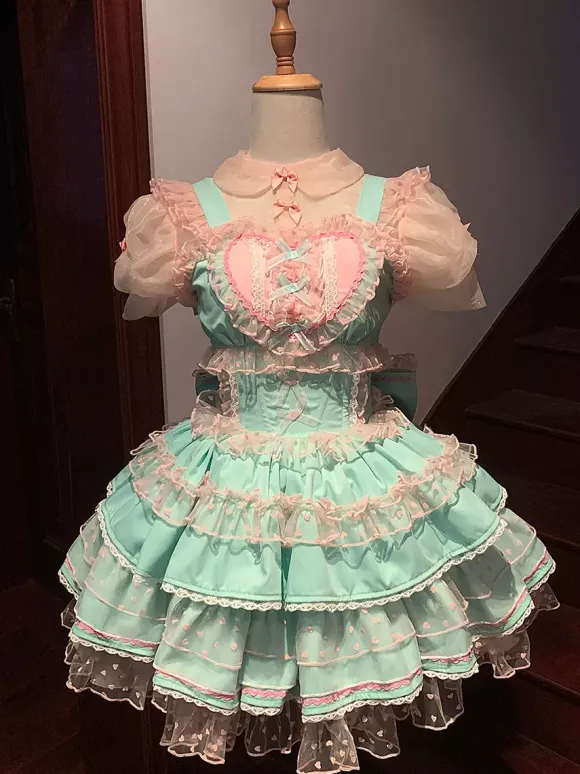 Robes gothiques Lolita à volants à pois rose vert