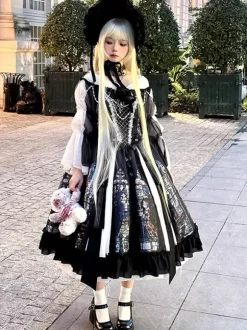 Robes Gothiques Lolita Dentelle Perles Jacquard Noir Noir