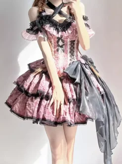 Robes Gothiques Lolita Fleurs Volants Imprimé Floral Rose Rose