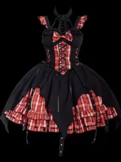 Robes Gothiques Lolita 艗illets Corset À Lacets Plaid Noir Rouge JSK