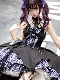 Robes Gothiques Lolita 艗illets Corset À Lacets Plaid Noir Rouge JSK