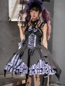Robes Gothiques Lolita 艗illets Corset À Lacets Plaid Noir Rouge JSK