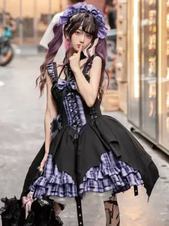 Robes Gothiques Lolita 艗illets Corset À Lacets Plaid Noir Rouge JSK