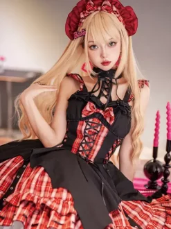 Robes Gothiques Lolita 艗illets Corset À Lacets Plaid Noir Rouge JSK