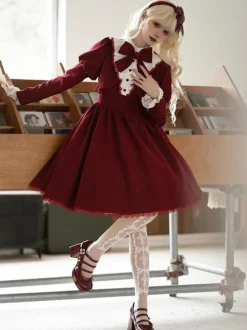 Robes Gothiques Lolita N艙uds Volants Bordeaux