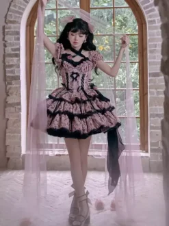 Robes Gothiques Lolita Volants Noeuds Imprimé Floral Rose Rose