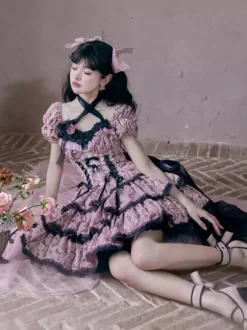 Robes Gothiques Lolita Volants Noeuds Imprimé Floral Rose Rose