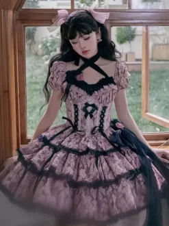 Robes Gothiques Lolita Volants Noeuds Imprimé Floral Rose Rose