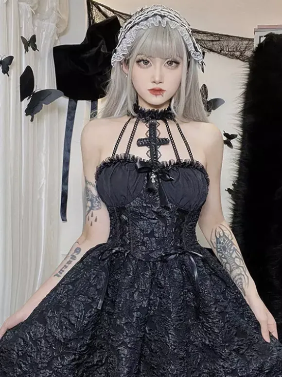Robes Gothiques Lolita Volants Jacquard Noir