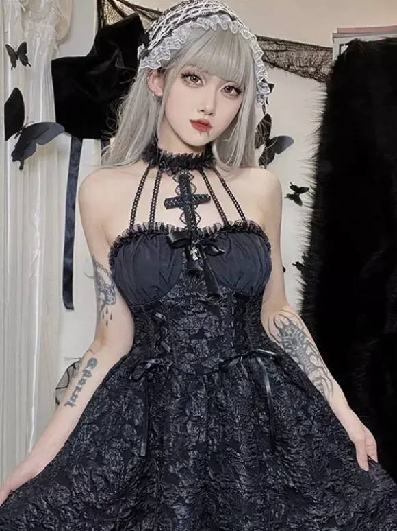 Robes Gothiques Lolita Volants Jacquard Noir