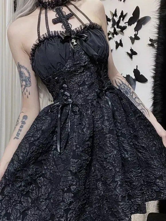 Robes Gothiques Lolita Volants Jacquard Noir