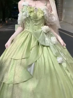 Robes Lolita féeriques bleues à n艙uds fleurs et volants longues robes Lolita en dentelle