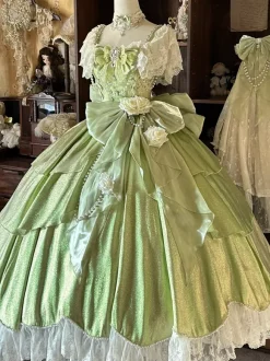 Robes Lolita féeriques bleues à n艙uds fleurs et volants longues robes Lolita en dentelle