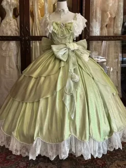 Robes Lolita féeriques bleues à n艙uds fleurs et volants longues robes Lolita en dentelle