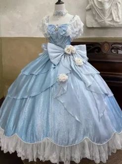 Robes Lolita féeriques bleues à n艙uds fleurs et volants longues robes Lolita en dentelle