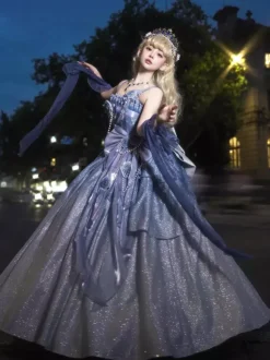 Robes Lolita féeriques bleues à n艙uds fleuris scintillants robes Lolita longues