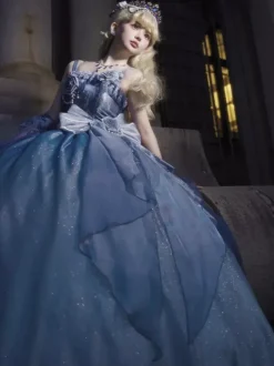 Robes Lolita féeriques bleues à n艙uds fleuris scintillants robes Lolita longues