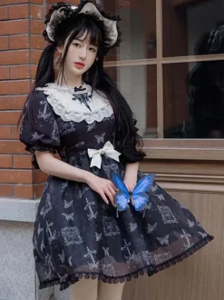 Robes Lolita Gothiques Noeuds Dentelle Motif Papillon Noir Noir