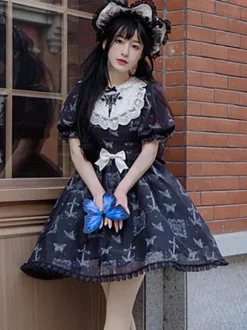 Robes Lolita Gothiques Noeuds Dentelle Motif Papillon Noir Noir