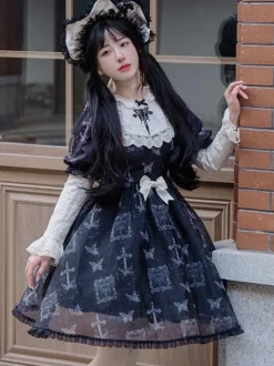 Robes Lolita Gothiques Noeuds Dentelle Motif Papillon Noir Noir