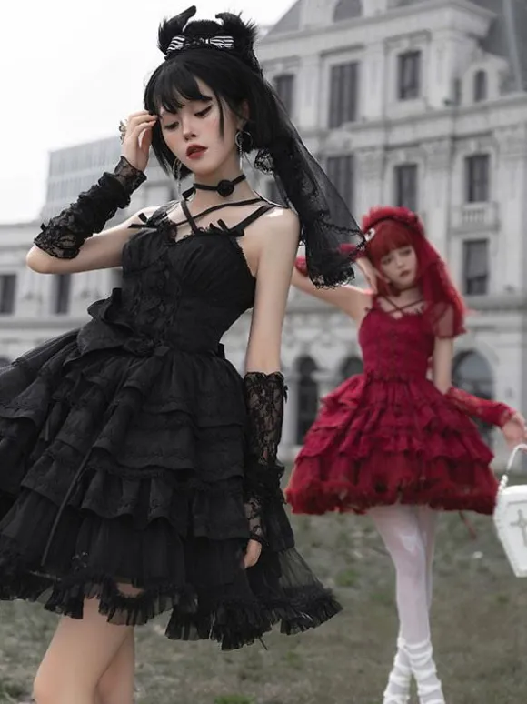 Robes Lolita Gothiques N艙uds Volants Bordeaux