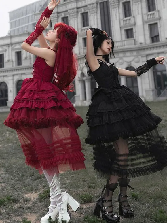 Robes Lolita Gothiques N艙uds Volants Bordeaux