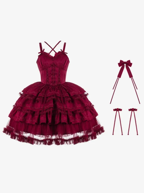Robes Lolita Gothiques N艙uds Volants Bordeaux