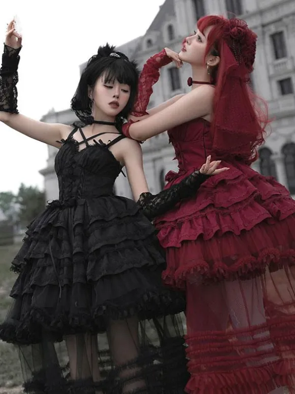 Robes Lolita Gothiques N艙uds Volants Bordeaux