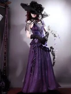 Robes Lolita gothiques pastel d' à volants n艙ud papillon dentelle fleurs n艙uds violet romance gothique Lolita JSK