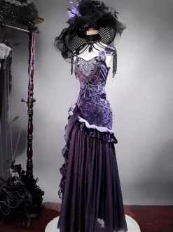Robes Lolita gothiques pastel d'  à volants n艙ud papillon dentelle fleurs n艙uds violet romance gothique Lolita JSK