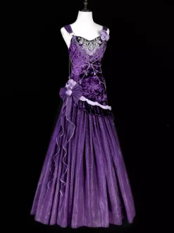 Robes Lolita gothiques pastel d'  à volants n艙ud papillon dentelle fleurs n艙uds violet romance gothique Lolita JSK