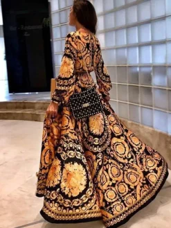 Robes Longues Imprimés Bohèmes Femmes à Col Décolleté en V avec Manches Longues Amples Coupe Cintrée à Lacets