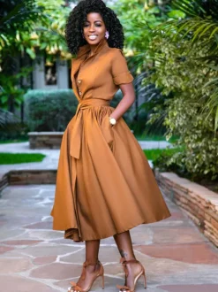 Robes Mi-longue Robes Chemise Orange Col Montant Ceinture Manches Courtes Superposé
