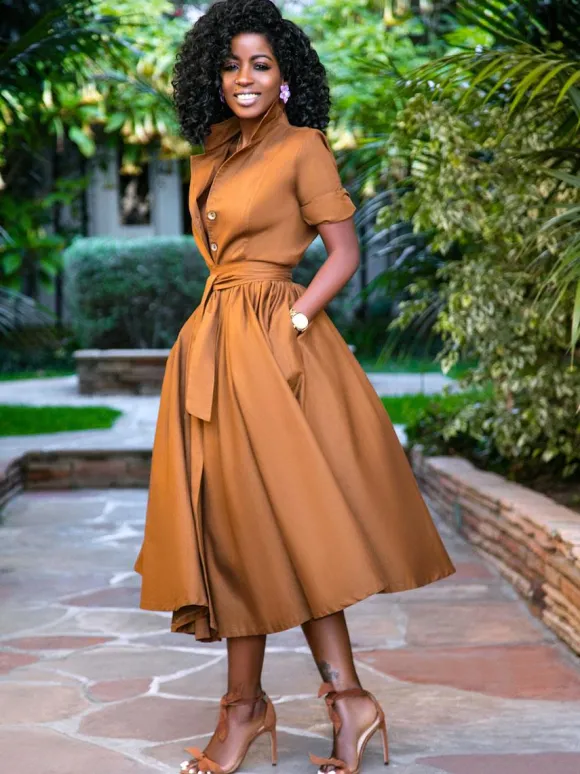 Robes Mi-longue Robes Chemise Orange Col Montant Ceinture Manches Courtes Superposé
