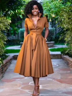 Robes Mi-longue Robes Chemise Orange Col Montant Ceinture Manches Courtes Superposé