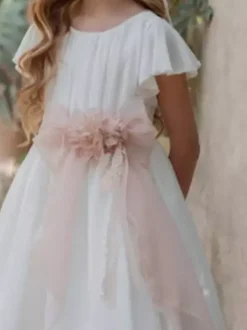 Robes blanches de demoiselle d'honneur en mousseline blanche à manches courtes et col rond