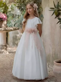 Robes blanches de demoiselle d'honneur en mousseline blanche à manches courtes et col rond