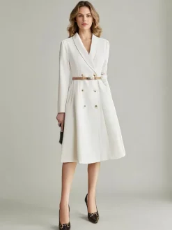 Robes Blazer Col Rabattu Ceinture Manches Longues Femmes Robe Midi