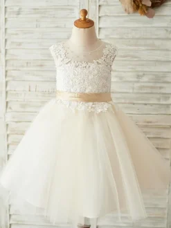 Robes cortège enfant a ceinture sans manches col montant robes de soirée pour enfants