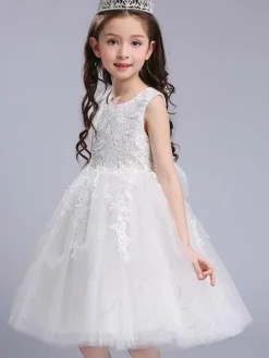 Robes cortège enfant blanche en dentelles col rond brodé robe de fille de fleur