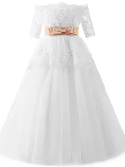 Robes cortège enfant col bateau manche courte en dentelle longueur au sol Robe fille de fleur