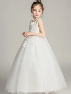 Robes cortège enfant col rond brodé en dentelles longueur de cheville Robe fille de fleur