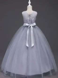 Robes cortège enfant col rond en dentelle jupe en tulle robe fille de fleur