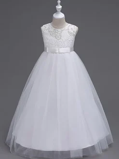 Robes cortège enfant col rond en dentelle jupe en tulle robe fille de fleur