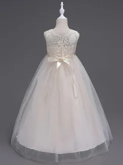 Robes cortège enfant col rond en dentelle jupe en tulle robe fille de fleur