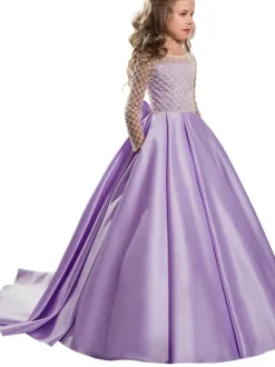 Robes cortège enfant col rond manches longues boutonné sur dos à traîne Robe de fille de fleur