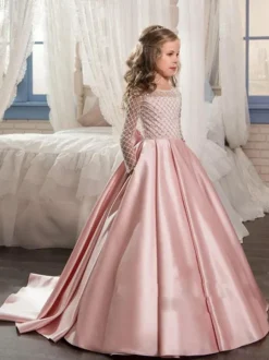 Robes cortège enfant col rond manches longues boutonné sur dos à traîne Robe de fille de fleur