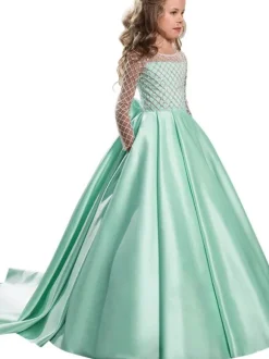 Robes cortège enfant col rond manches longues boutonné sur dos à traîne Robe de fille de fleur
